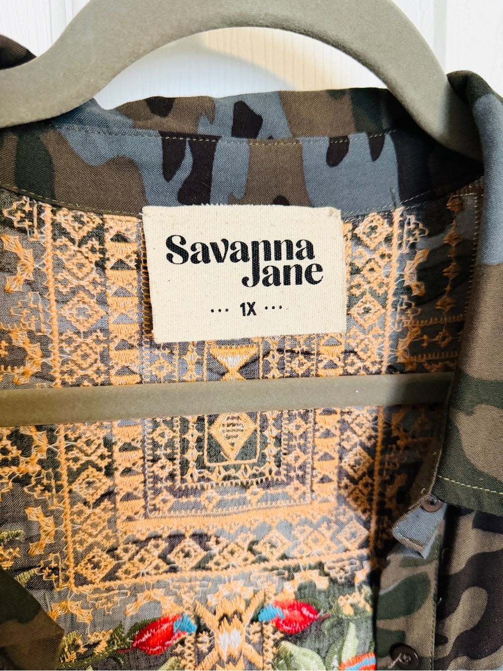 Savanna Jane Camo Floral Embroidered Longline Duster Cardigan Size 1X Boho - Picture 3 of 5